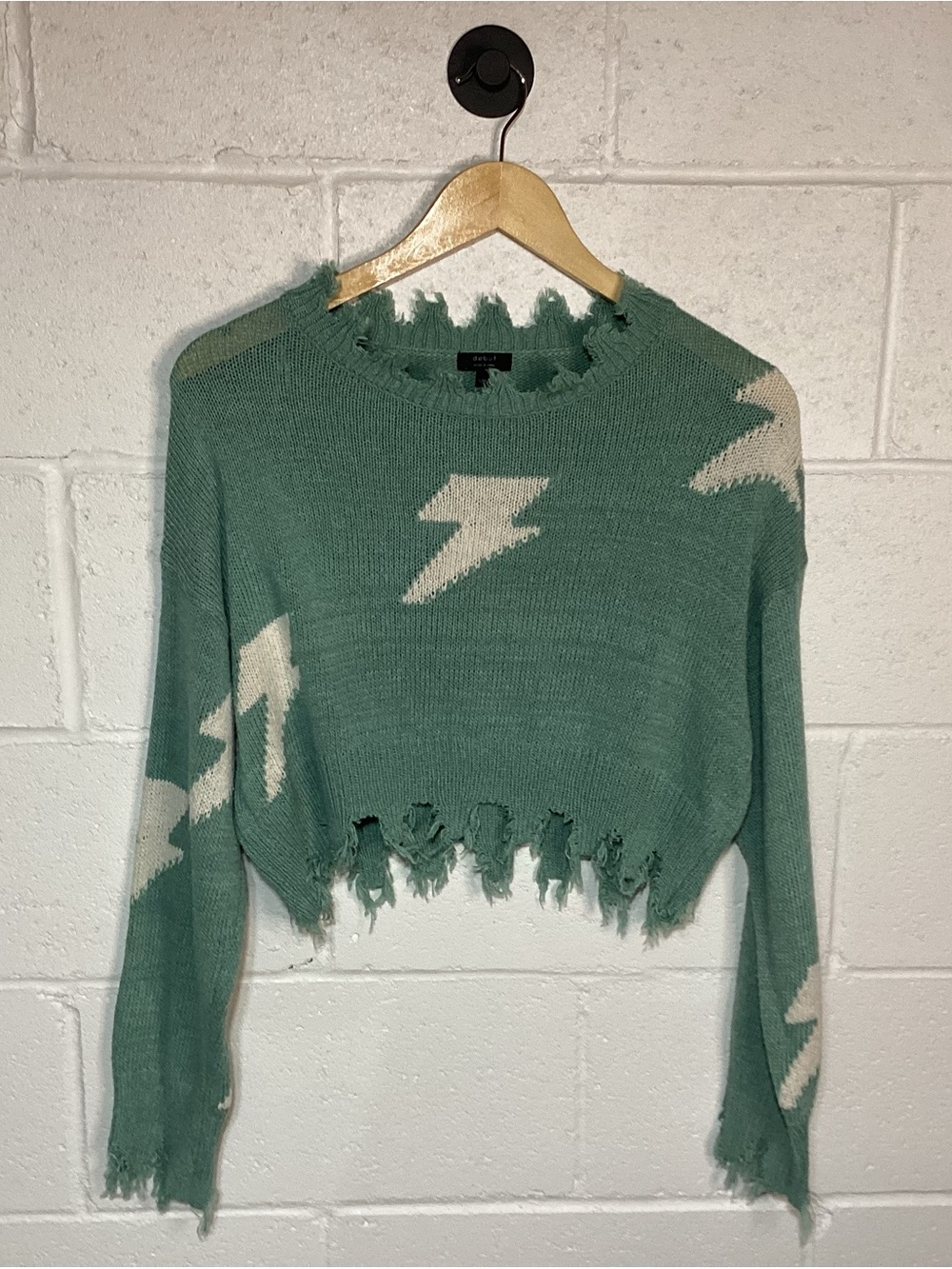 Debut Sage Green Cropped Lightning Knit Sweater Distressed